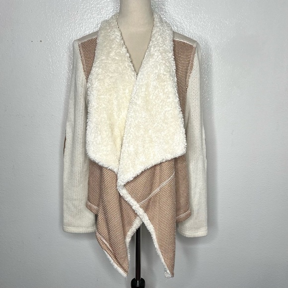 ANTHROPOLOGIE Saturday Sunday Sherpa Tan Cream Waterfall Open Cardigan Large - Picture 2 of 11
